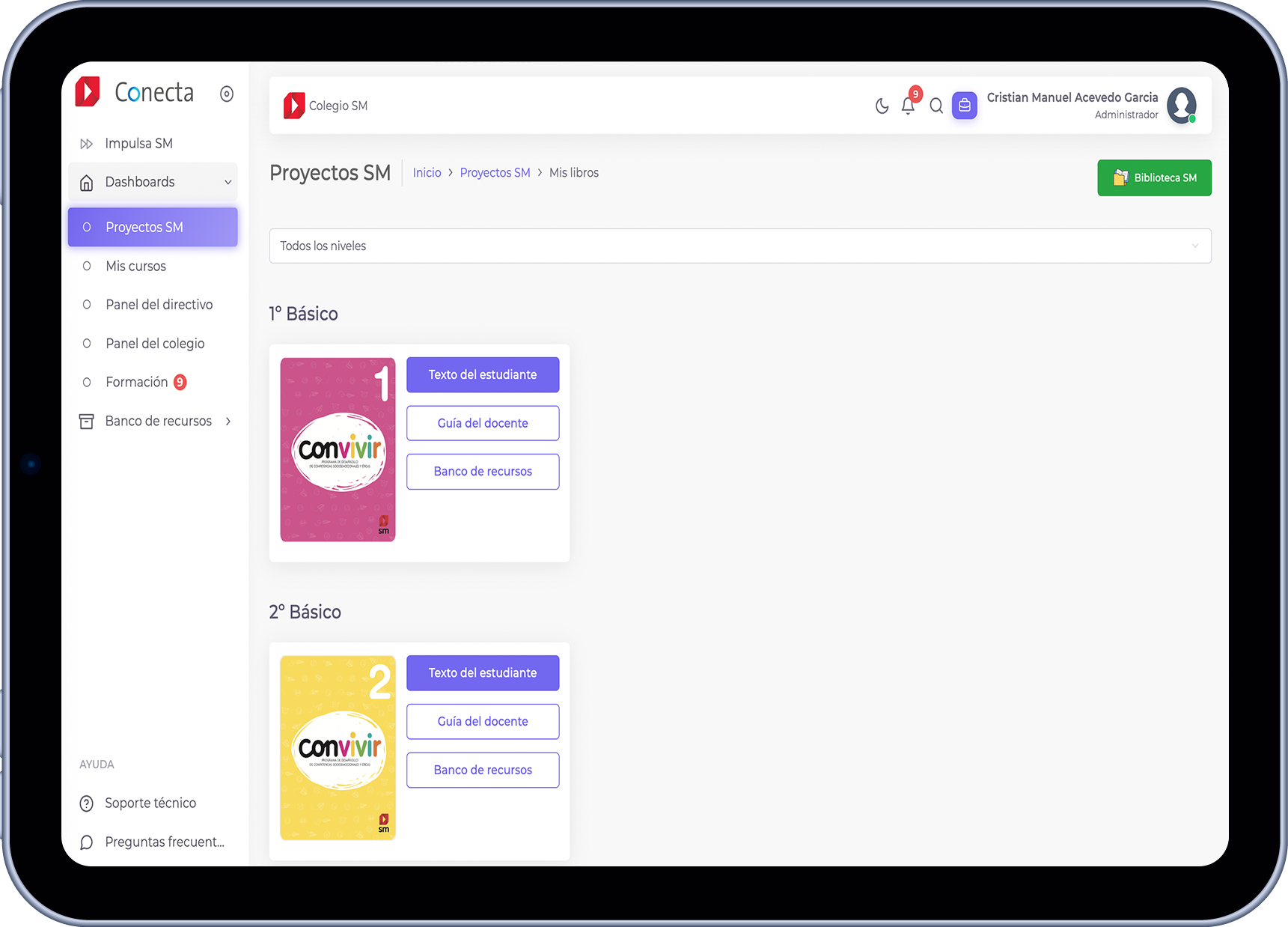 App Conecta en tablet horizontal